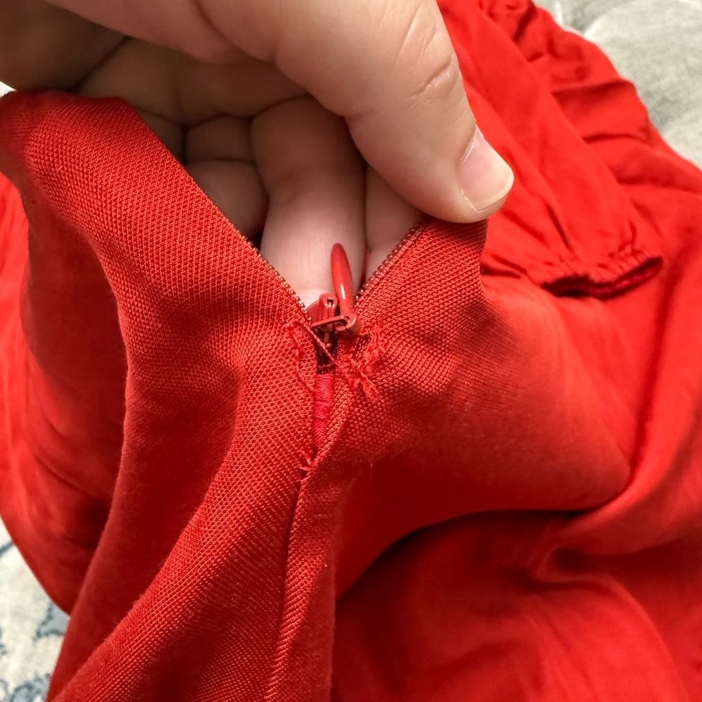 LPA The Label Dress 146 red tie front off shoulder puff sleeve linen viscose S - Picture 9 of 11